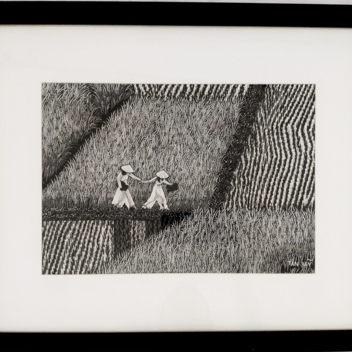 Hand-embroidered painting - Two girls in paddy field